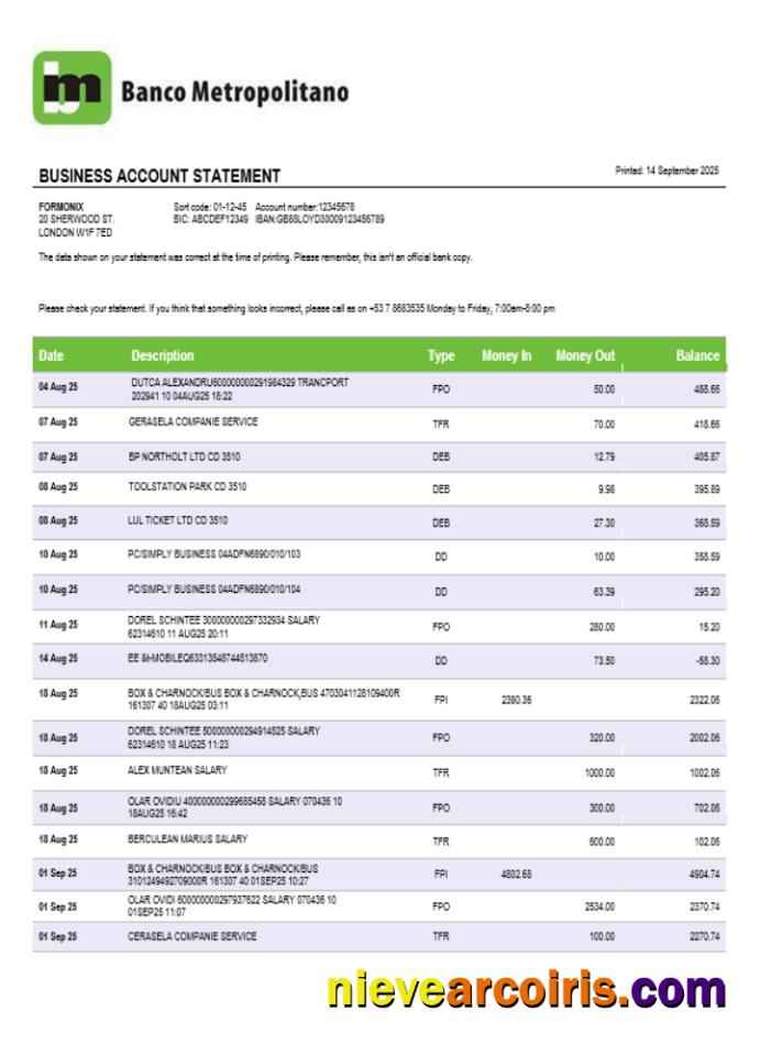 Banco Metropolitano organization checking account statement